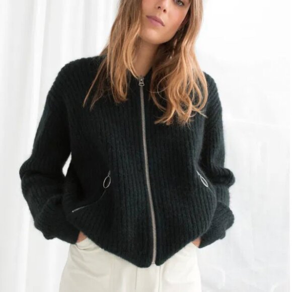 & Other Stories Sweaters - & Other Stories Zipper Wool Bomber Sweater Cardigan in green, size medium